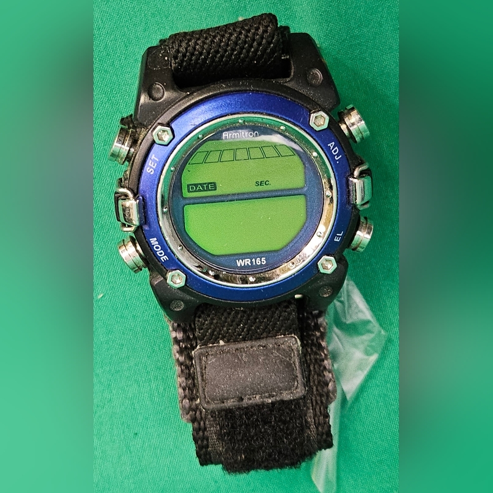 Armitron Digital Watch Blue Face Hook &‎ Loop Band WR 50M Silver Toned